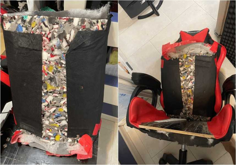 有网友拆开购买的电竞椅，发现椅子的填充物，全塞满疑似垃圾的物质，看起来很恶心。 （图／翻摄连登讨论区）&nbsp;&nbsp;